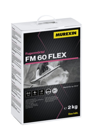 Opakowanie 2 kg elastycznej fugi cementowej Murexin FM 60 FLEX – odporna na wodę i mróz, z efektem perlenia, do spoin 0,5–7 mm.