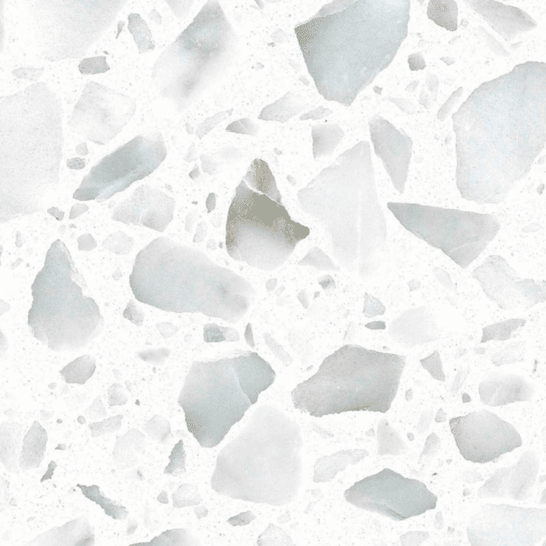 Zdjęcie płytek lastryko CARRARA 0/25 terrazzo w białej tonacji z wyrazistymi drobinkami w odcieniach szarości i błękitu, idealnych do przestrzeni mieszkalnych i użytkowych.