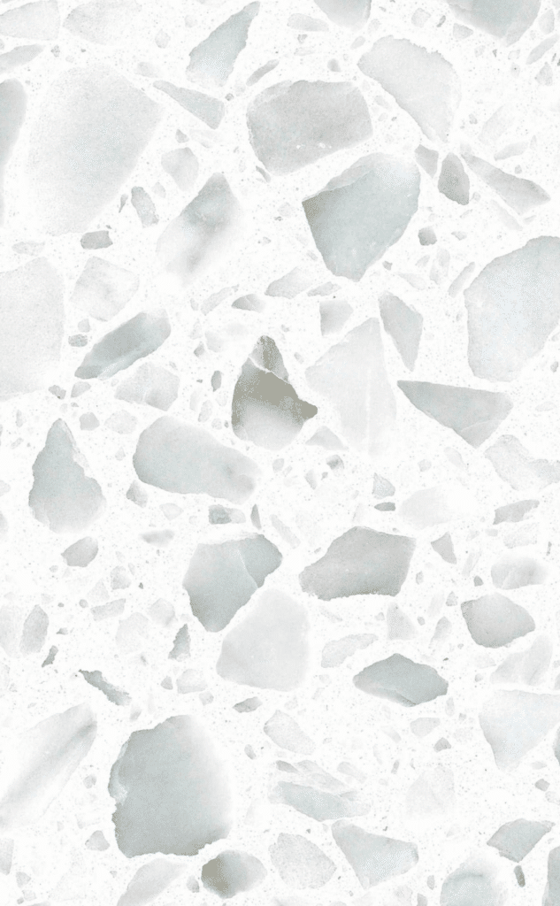 Zdjęcie płytek lastryko CARRARA 0/25 terrazzo w białej tonacji z wyrazistymi drobinkami w odcieniach szarości i błękitu, idealnych do przestrzeni mieszkalnych i użytkowych.