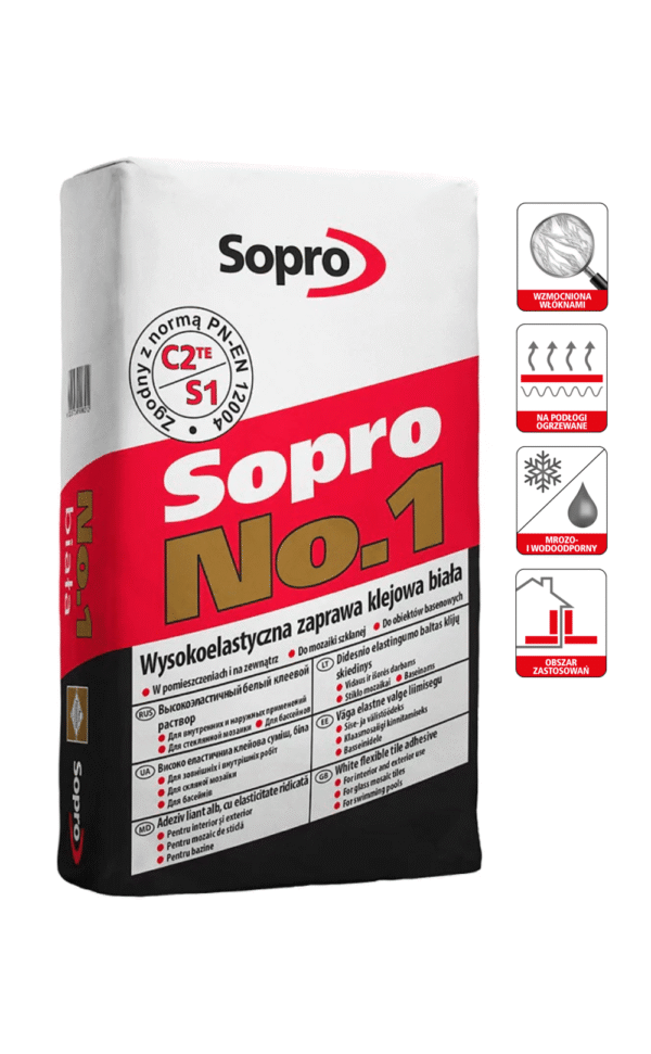 Biały klej elastyczny SOPRO NO.1 996 C2TE S1 w worku 22,5 kg – idealny do montażu marmuru, granitu i trawertynu.
